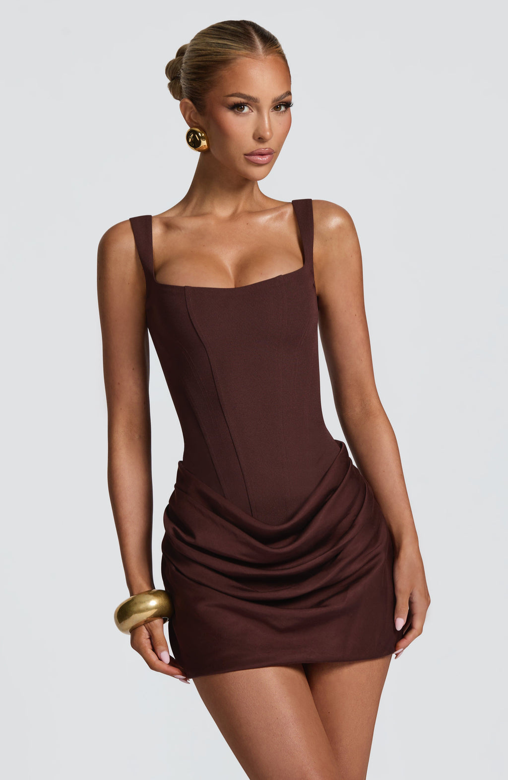 VESTIDO MINI CORSET CON FALDA DRAPEADA