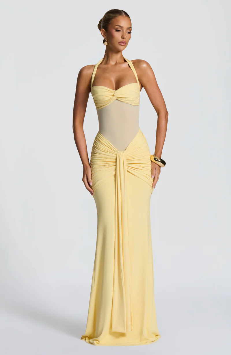 VESTIDO LARGO HALTER FRUNCIDO