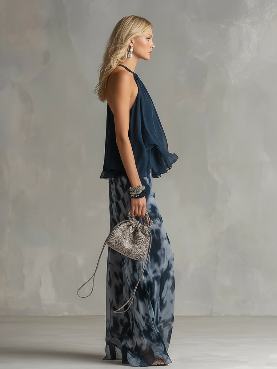 Selenia | Elegante conjunto de gasa con top de cuello alto y pantalones anchos estampados