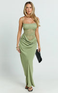 VESTIDO MAXI SATINADO CON CUERPO DE ENCAJE