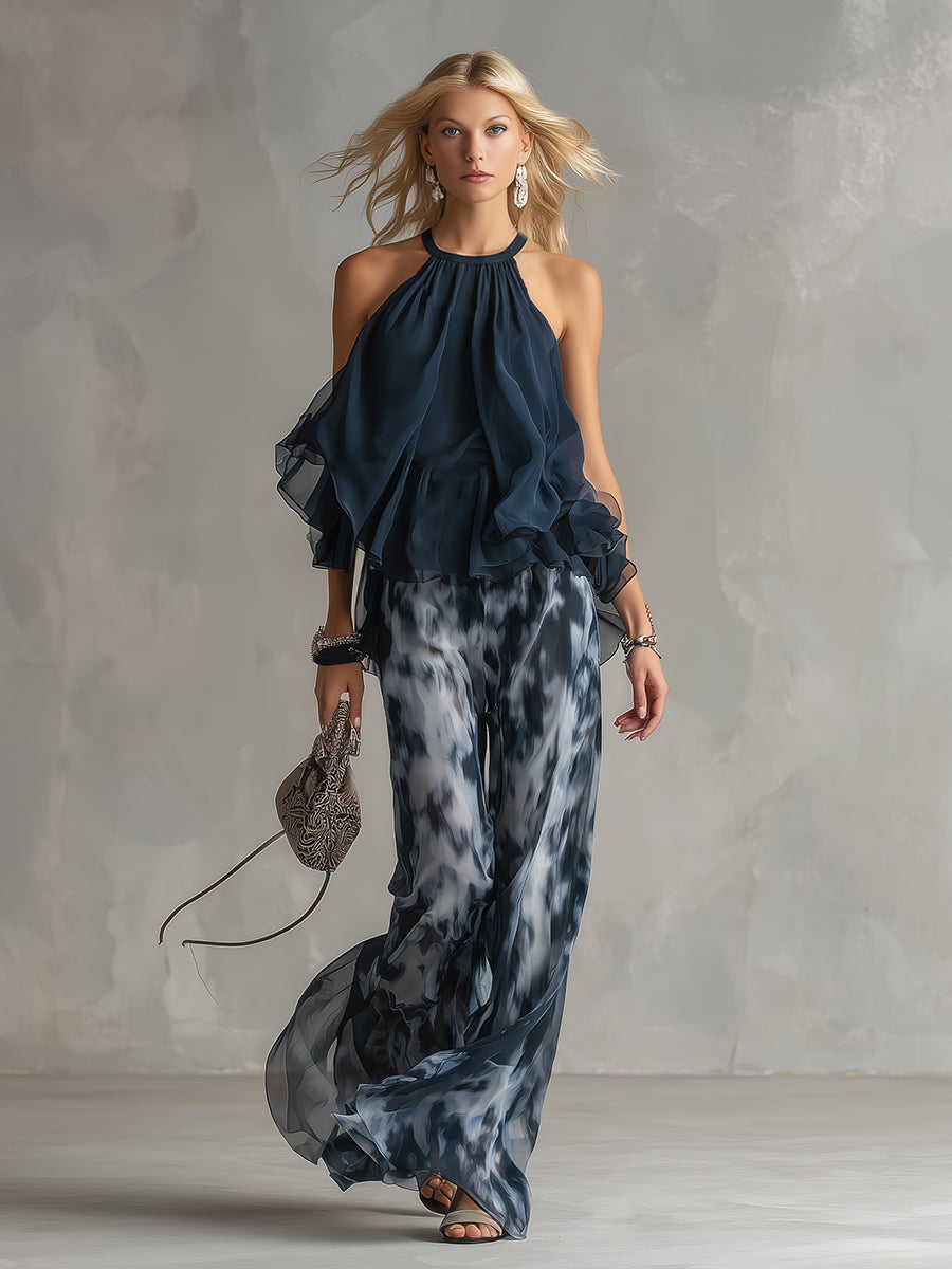 Selenia | Elegante conjunto de gasa con top de cuello alto y pantalones anchos estampados