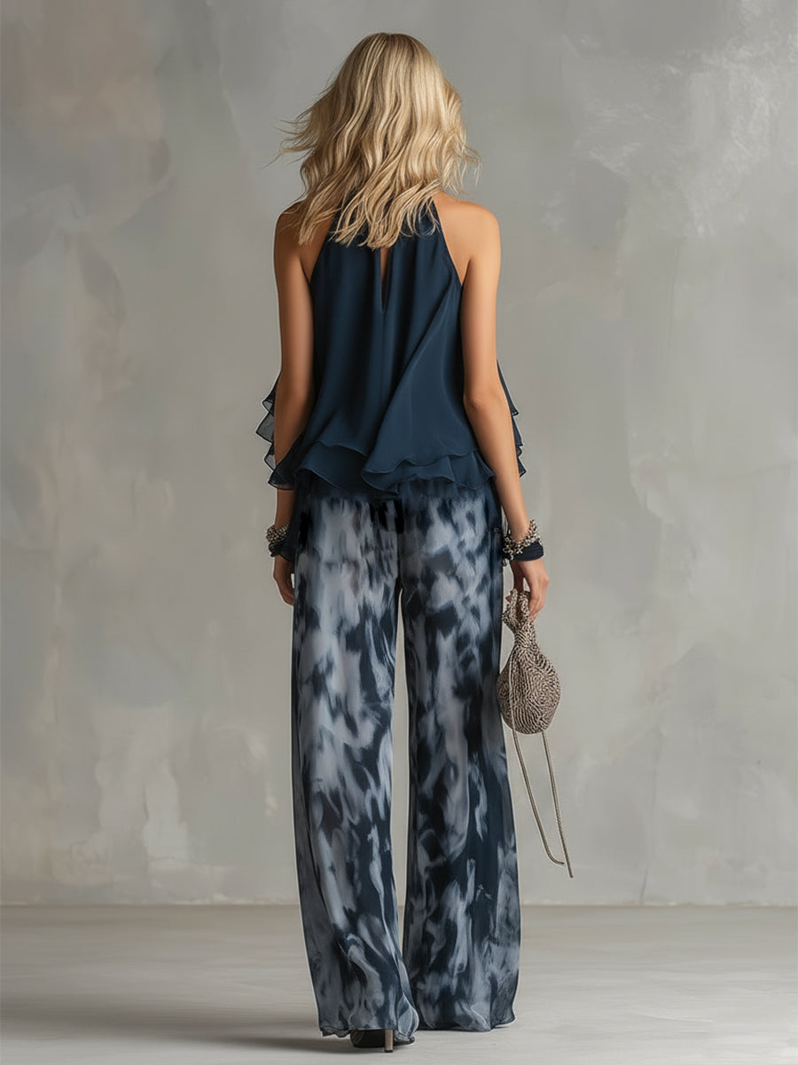 Selenia | Elegante conjunto de gasa con top de cuello alto y pantalones anchos estampados