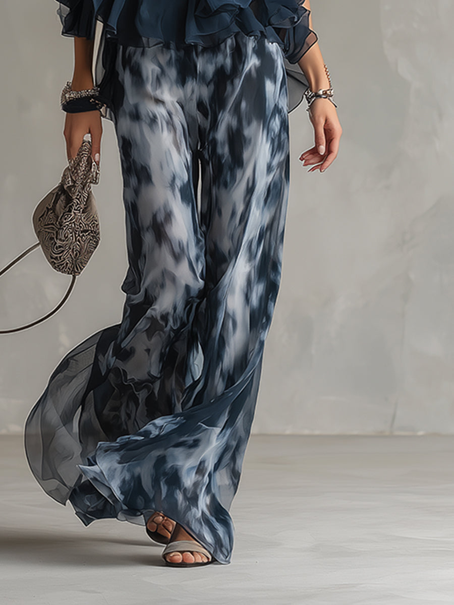 Selenia | Elegante conjunto de gasa con top de cuello alto y pantalones anchos estampados