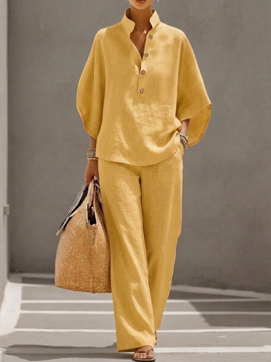 Lia | Conjunto de lino con mangas murciélago y pantalones anchos