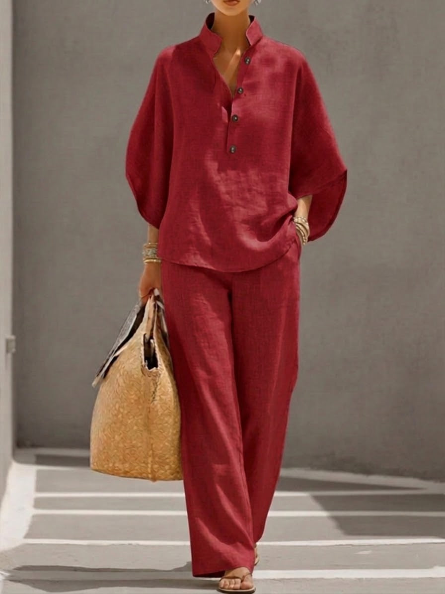 Lia | Conjunto de lino con mangas murciélago y pantalones anchos