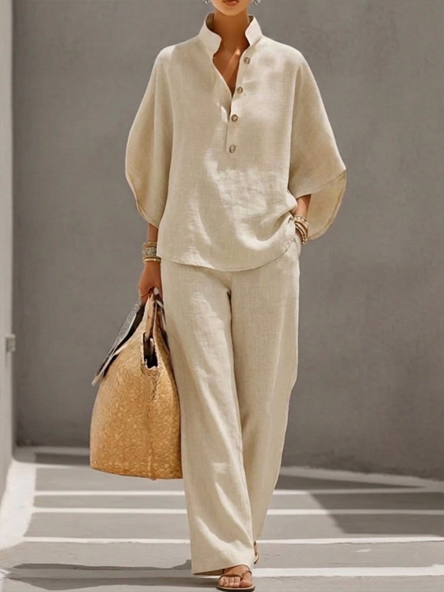 Lia | Conjunto de lino con mangas murciélago y pantalones anchos